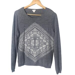 J Crew Merino Wool Sweater Women Large Gray White Preppy Academia